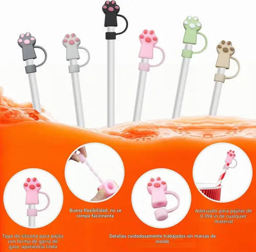 Vista 2 de LIQALU Juego de 6 fundas protectoras de paja para gatos, accesorios reutilizables para beber, de silicona, para pajitas de 0.394 in