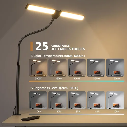 Vista 3 de Motumen Lámpara de escritorio LED para oficina en casa, abrazadera de luz de escritorio para cuidado de los ojos, color negro