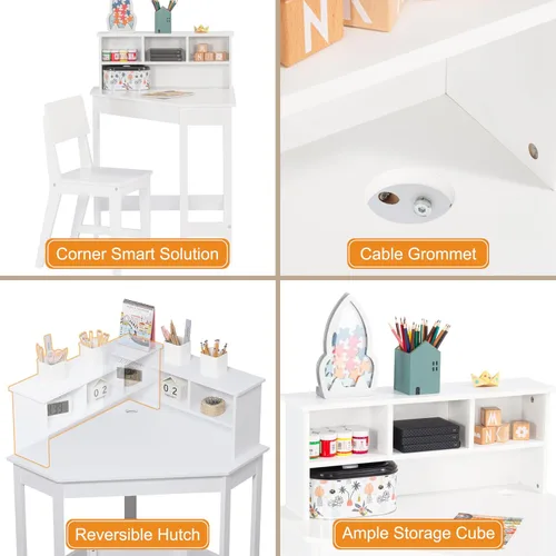 Vista 3 de UTEX Escritorio para niños, juego de escritorio de esquina y silla, mesa de estudio para niños con almacenamiento y gabinete para uso escolar