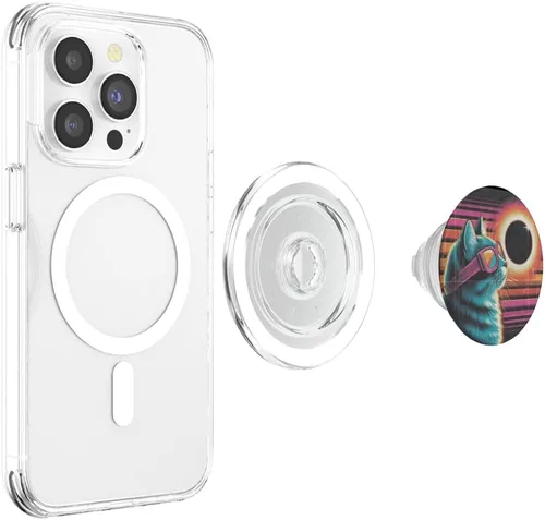 Vista 4 de Cat Solar Eclipse - Synthwave Retro Poster Style PopSockets MagSafe PopGrip for iPhone