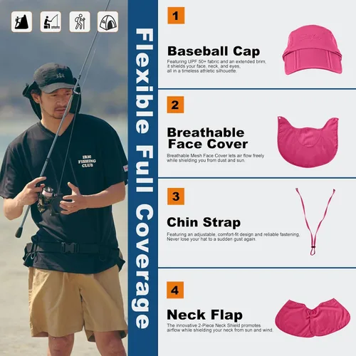 Vista 3 de Surblue Sombrero de pesca con solapa para el cuello, protección UV, protección UV, UPF50+ Rosa rojo