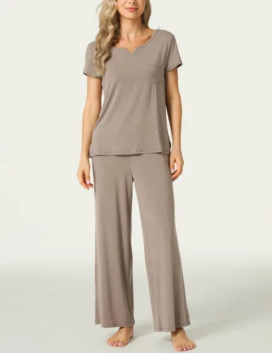 Vista 3 de LazyCozy Conjunto de pijama de manga corta para mujer, viscosa hecha de bambú, conjunto de pijama de 2 piezas para descansar