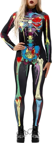 Vista 2 de Fixmatti Disfraz de Fiesta de Halloween para Mujer Mono de Manga Larga con Estampado de Calavera Varios