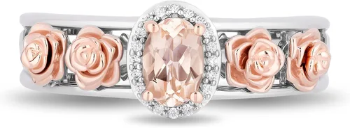Vista 2 de Jewelili Enchanted Disney Fine Jewelry - Anillo de plata de ley y oro rosa de 10 quilates con diamante CTTW de 120 y manganita Aurora Halo Filigrana