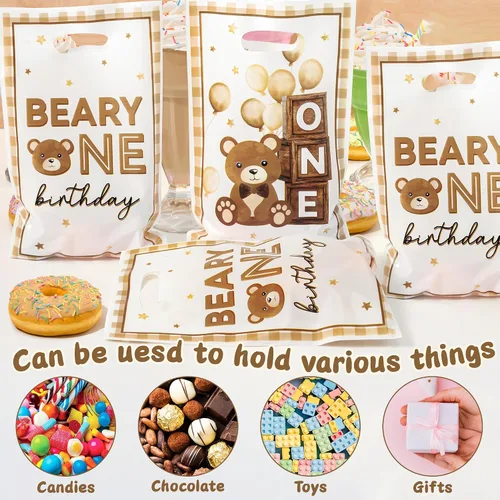 Vista 4 de Bolsa de Regalo para Primera Fiesta de Cumpleaños Oso 50Pcs Bolsas de Dulces y Regalos con Oso Marrón Dulces y Golosinas para Fiesta Temática Oso