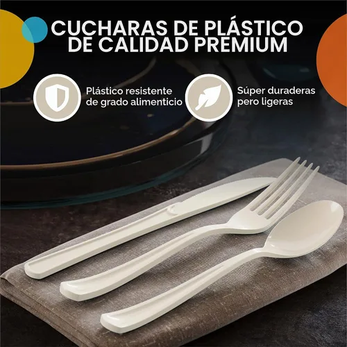 Vista 4 de Party Solids - Cucharas de plástico color marfil, 200 piezas, cucharas de marfil, utensilios desechables, juego de cubiertos de plástico resistente