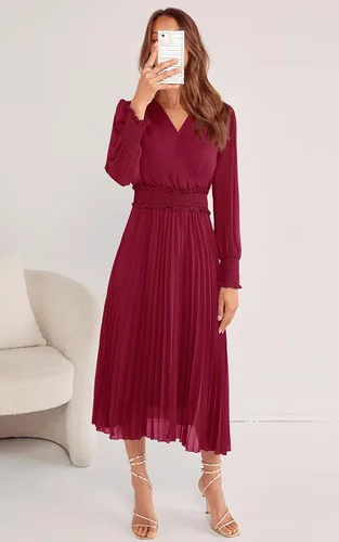 Vista 5 de PRETTYGARDEN Vestidos cruzados con cuello en V para mujer, para invitados de boda, casual, plisado, manga larga, vestido largo fruncido con volantes