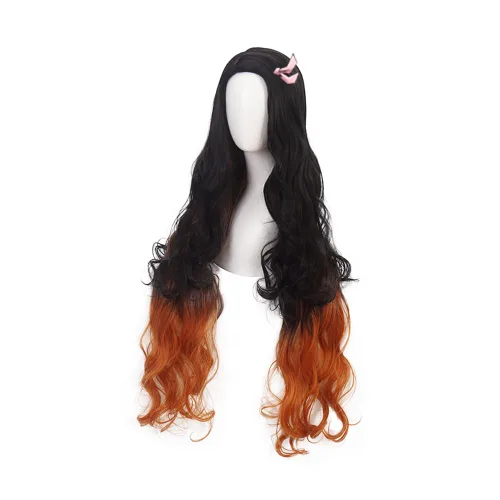 Vista 3 de ZGNGLIZ Peluca de cosplay de anime Kamado Nezuko para Demon Slayer personajes de Kimetsu no Yaiba Play Cosplay pelucas con gorra de peluca gratis