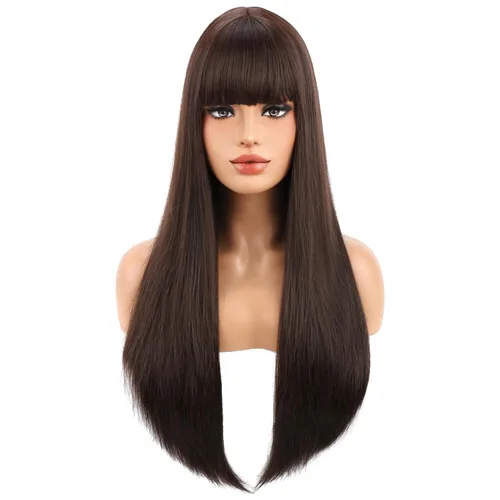 Vista 21 de BERON Pelucas negras de cabello largo liso con flequillo, para mujer, a la moda, resistente al calor, sintético, aspecto natural, para fiesta