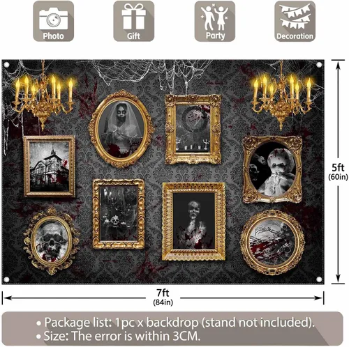 Vista 3 de Telón de fondo de fotografía de casa embrujada de Halloween de 7 x 5 pies, marco de fotos gótico de terror, telaraña aterradora, decoración