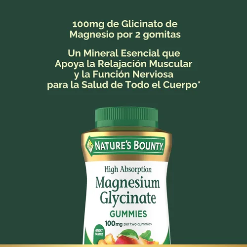 Vista 3 de Nature's Bounty Gomitas de glicinato de magnesio de alta absorción, 100 mg de magnesio por porción, salud de todo el cuerpo, goma sin pegar, sabor a