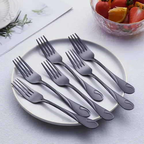 Vista 3 de Juego de 6 tenedores para ensalada de acero inoxidable de 6.9 pulgadas, tenedor de postre de metal negro brillante, tenedor pequeño para tartas