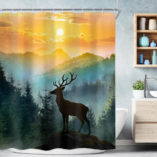 Vista 17 de Riyidecor - Cortina para ducha pequeña de montaña, 36 pulgadas de ancho x 72 pulgadas de alto, para RV, azul marino, con diseño de bosque nebuloso