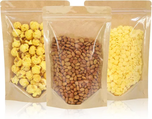 Vista 9 de 100 PCS bolsas resellables, bolsas de papel kraft de pie con ventana frontal transparente, bolsas de almacenamiento de alimentos con cierre