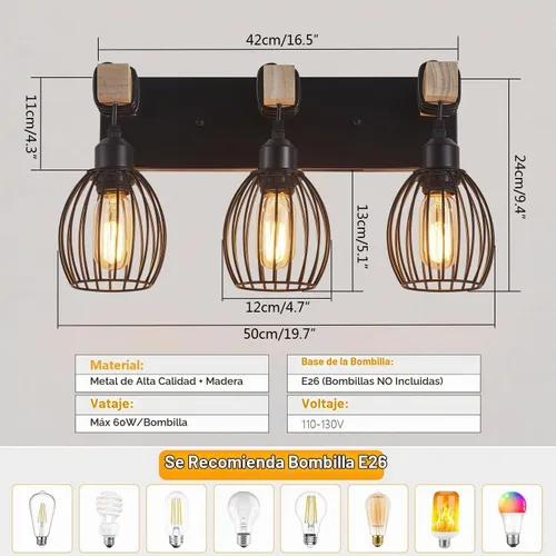 Vista 2 de Luz de tocador de granja de 3 luces para baño, aplique de pared de madera con elegante jaula en forma de lágrima, luces de tocador industriales