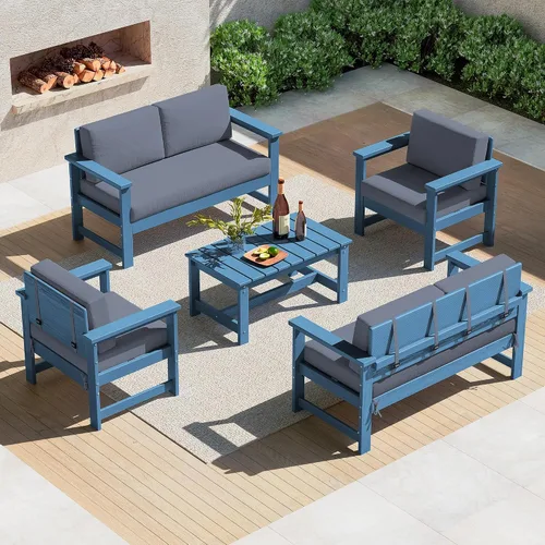 Vista 30 de SERWALL Juego de sofá de 2 piezas de sillón Adirondack acolchado de Marco negro/cojín gris