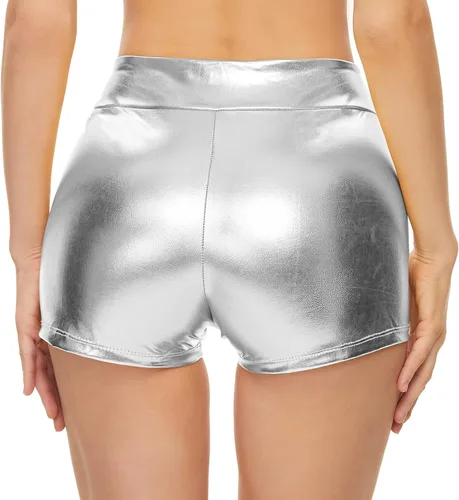 Vista 5 de Kepblom Pantalones cortos metálicos para mujer, de cintura alta, brillantes, para disfraces de festivales de baile