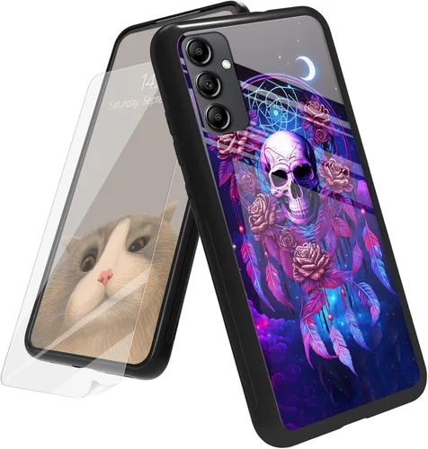 Vista 45 de Funda para Samsung Galaxy A12 5G con protector de pantalla, parte trasera de vidrio templado + TPU de silicona suave que absorbe los golpes
