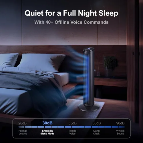 Vista 6 de Emerson SmartVoice - Ventilador de torre de 29 pulgadas, control de voz sin Wi-Fi, ventilador de torre inteligente para dormitorio, oscilación