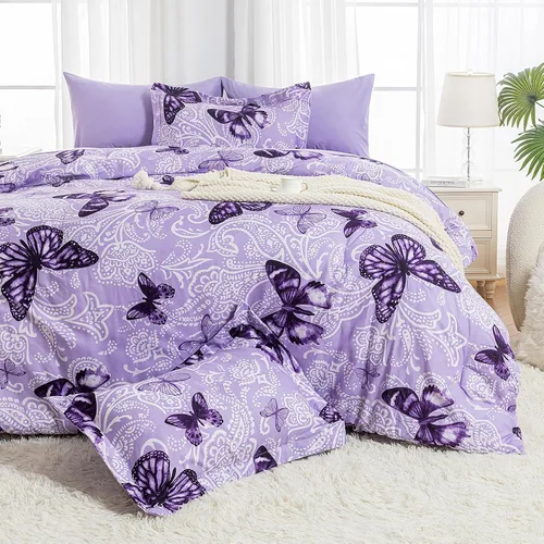 Vista 8 de ARTALL Juego de edredón de microfibra ligera de 3 piezas con 2 fundas de almohada, juego de ropa de cama con patrón de mariposa, matrimonial/queen