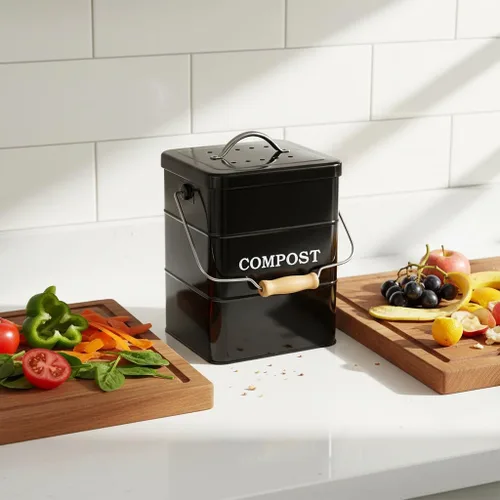 Vista 2 de Cubo de compostaje para encimera de cocina, cubo de compostaje para interiores, ideal para restos de comida, acero al carbono, asas, negro, 1 galón