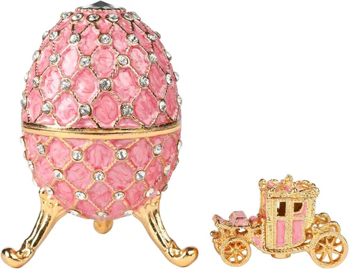 Vista 2 de QIFU Caja de baratijas esmaltada estilo huevo de Pascua rosa vintage con bisagras con mini carruaje real