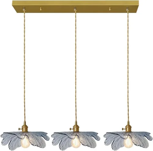 Vista 10 de Lámpara colgante colgante de 1 luz, lámparas colgantes de latón dorado, pantalla de vidrio de flores verdes, iluminación colgante moderna