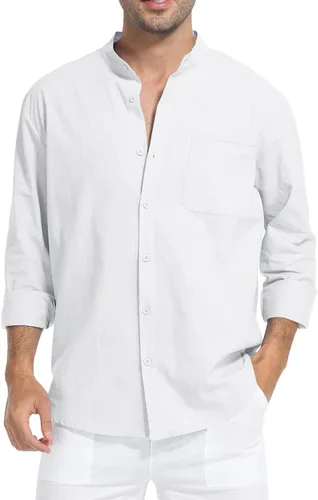 Vista 2 de Camisas de algodón y lino de manga larga para hombre, con botones, para playa, yoga, informal, para verano
