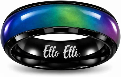 Vista 2 de Ello Elli - Anillo de humor de 6 mm actualizado hecho de acero inoxidable - Cristales multicolor de arcoíris - Banda de ajuste cómodo - Anillo retro