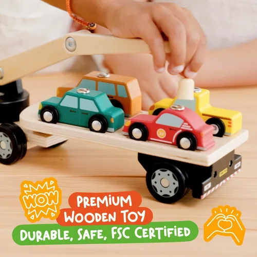 Vista 5 de Nene Toys Cargador magnético para automóvil con 4 autos y 1 camión de madera semirremolque para niños de 2 años en adelante, juguete interactivo