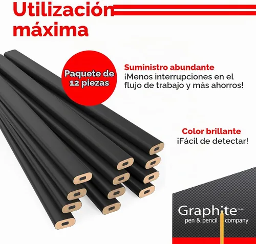 Vista 3 de GRAPHITE Lápices de Carpintero de Mina Dura a Granel - (1) Paquete de 12 Piezas Lápiz de Madera para Construcción #2 (HB) - Negro