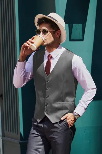 Vista 3 de COOFANDY Chaleco de traje de negocios para hombre, chaleco de vestir casual, chaleco ajustado
