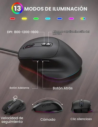 Vista 6 de Combo de teclado y mouse con cable, retroiluminación de impresión grande, reposamuñecas ergonómico, 6 DPI RGB para PC/Windows, ideal para personas