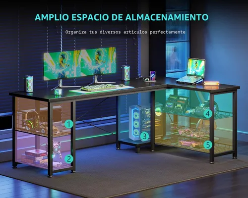Vista 6 de Casaottima Escritorio para juegos en forma de L de 51 pulgadas con estantes y tomas de corriente, escritorio reversible para computadora