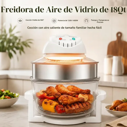 Vista 2 de Freidora de aire de vidrio grande de 18 cuartos – Cocina de circulación halógena y de aire caliente visible en 360°, 1200–1400 W, control preciso