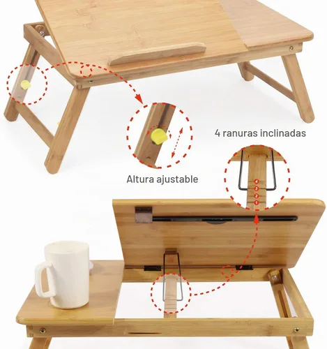 Vista 5 de Mesa de bambú para cama de hasta 17.7 pulgadas, plegable, para desayuno, tareas, estudio, lectura, comida, bandeja de alimentos