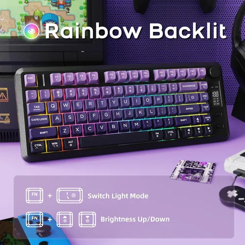 Vista 6 de Teclado inalámbrico para juegos M75, membrana mecánica con perilla y pantalla OLED Bluetooth2.4Ghz Rainbow Backlit Gradient PBT Keycaps 2000mAH