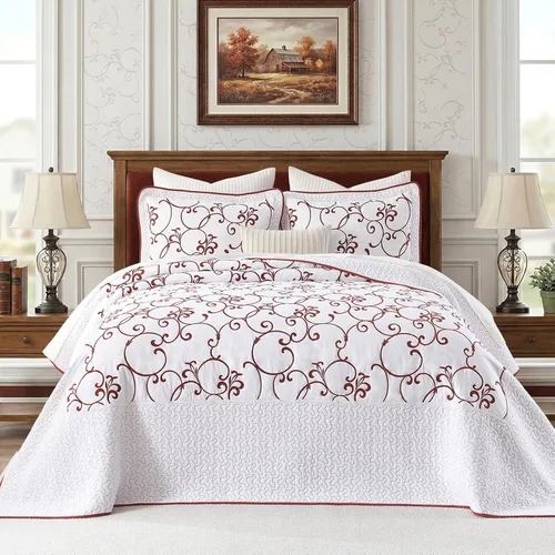 Vista 10 de Juego de cubrecama de gran tamaño de 100% algodón, 120"x102" extra grande para cama Queen, con fundas de almohada, ropa de cama bordada ligera de 3
