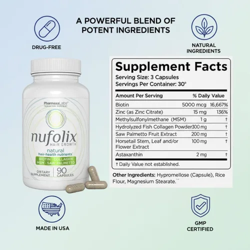 Vista 5 de Suplemento natural para el crecimiento del cabello – Biotina, zinc, MSM, colágeno, palma enana americana, cola de caballo y astaxantina para un