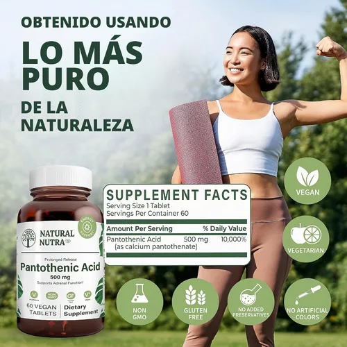 Vista 4 de Natural Nutra Lanzamiento Tiempo Ácido Pantoténico 500 mg, 60 Tabletas