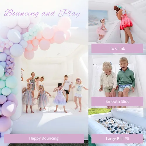 Vista 5 de Casa de rebote blanca comercial de 13 pies con pozo de bolas y tobogán, casa inflable 100% PVC para adultos y niños, casa de rebote para adultos