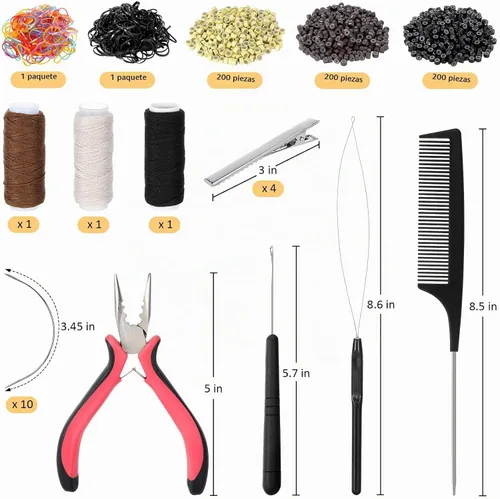 Vista 2 de Kit de herramientas de extensión de cabello, 600 micro anillos forrados de silicona, 1 alicate, 2 bucles de tracción de aguja de gancho, 10 agujas