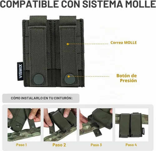 Vista 5 de VISMIX - Estuche para cargador de pistola, estuche doble de 9mm con inserción de Kydex de liberación rápida y compatible con MOLLE Verde Armada
