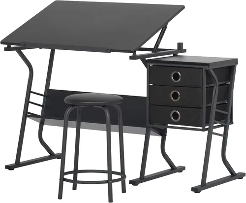 Vista 11 de Eclipse Ultra - Mesa de dibujo con taburete, parte superior ajustable en ángulo, estantes de almacenamiento y cajones de 2 piezas