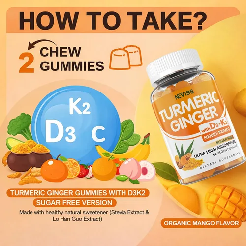 Vista 8 de Gomitas de Cúrcuma y Jengibre Sin Azúcar 1500mg con Vitamina D3 5000UI y K2 para Mujeres y Hombres, Gomitas de Cúrcuma y Jengibre para Adultos