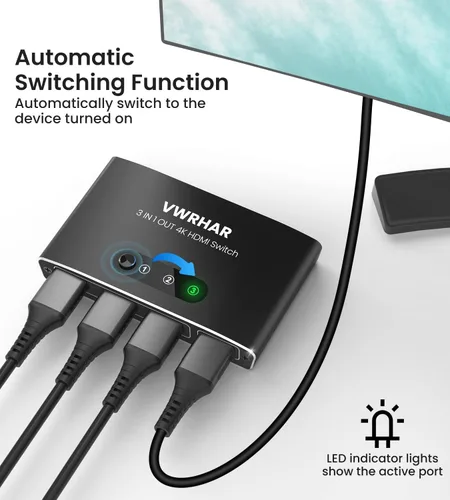 Vista 4 de Interruptor HDMI 3 en 1 Salida 4K UHD HDMI Switcher Splitter, interruptor automático con control remoto de metal HDMI Switch Box Hub Soporte 4K 3D