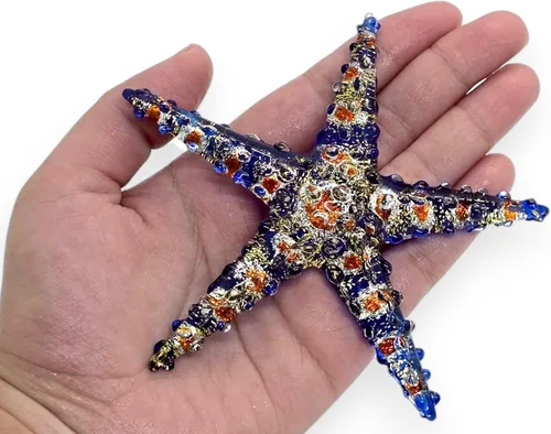Vista 5 de Pequeña figura de estrella de mar multicolor de 2 pulgadas de largo, miniatura soplada a mano, pez estrella de cristal, multicolor, colorido, mar