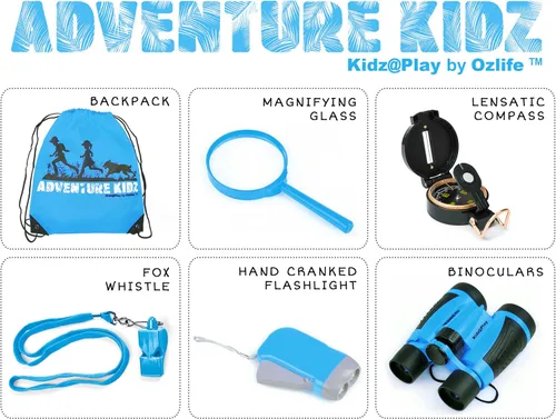 Vista 2 de Adventure Kidz - Kit de exploración al aire libre, binoculares, linterna, brújula, silbato, lupa, paquete de mochila (14 artículos)