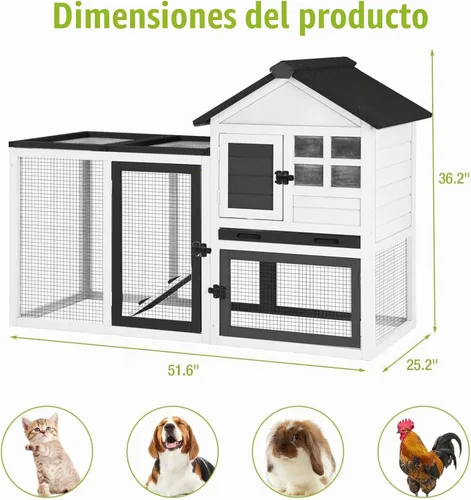Vista 5 de GUTINNEEN Conejera grande para conejos, gallinero de madera para exteriores, resistente a la intemperie, jaula de conejillo de indias con techo