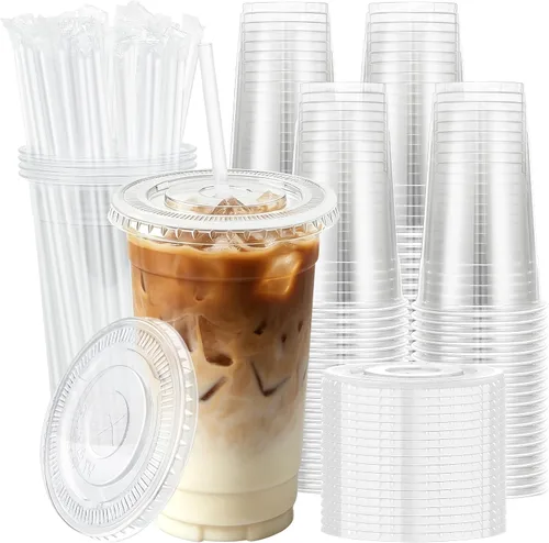 Vista 7 de Lamosi Paquete de 100 vasos de plástico transparente de 12 onzas con tapas y pajitas, tazas de café de plástico desechables con tapas para café